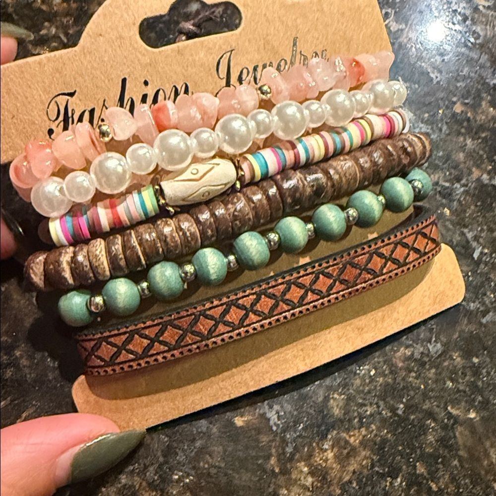 Set of (6) Beaded Bracelet NEW - Leather Beaded Multicolor Pearl Mixed Stack